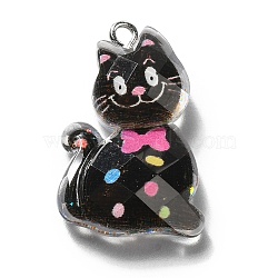 Transparent Resin Pendants, with Platinum Iron Loop & Glitter Power, Cat, Black, 29x19x7.5mm, Hole: 2mm(RESI-Q019-01C)