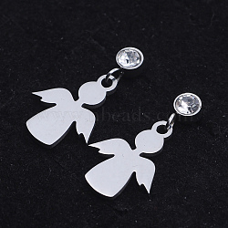 201 Stainless Steel Dangle Stud Earrings, with Clear Cubic Zirconia, Angel, Stainless Steel Color, 21mm, Pin: 0.8mm(EJEW-T008-JN731)