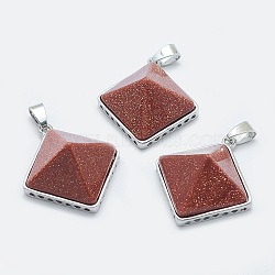 Synthetic Goldstone Pendants, with Brass Findings, Pyramid, Platinum, 32x28.5x14mm, Hole: 6x3mm(G-O163-F04)