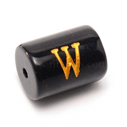 Painted Glass Beads, Black Column with Gold Letter, Letter.W, 13.7x10mm, Hole: 1.5mm(GLAA-TAC0009-01W)