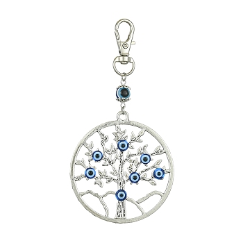 Alloy with Resin Evil Eye Pendant Decoration, with Alloy Swivel Lobster Claw Clasps, Tree of Life, 109mm