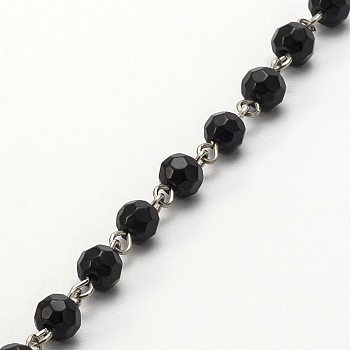 Handmade Faceted Round Glass Beads Chains for Necklaces Bracelets Making, with Iron Eye Pin, Unwelded, Black, 39.3 inch, about 94pcs/strand