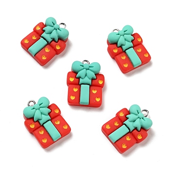 Christmas Opaque Resin Pendants, with Platinum Tone Iron Loops, Gift Box Charm, Red, 24x19x8.5mm, Hole: 2x2.2mm