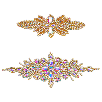 WADORN 2Pcs 2 Style Flower Pattern Hotfix Rhinestone, Glass Rhinestone Applques, for Bridal Dress, Sash, Belt, Crystal AB, 185~243x70~94x5mm, 1pc/style