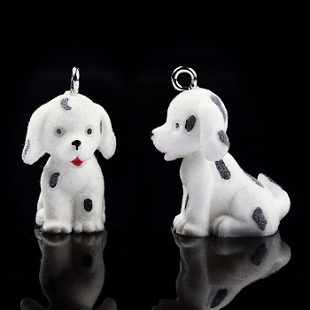 Opaque Resin Pendants, with Platinum Tone Iron Loops, Flocky Dalmatian Dog Charms, White, 28.5~30x25.5~26.5x17mm, Hole: 2.5mm
