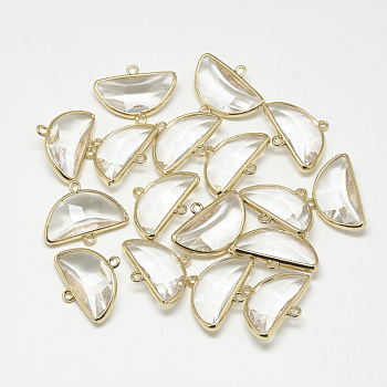 Glass Links connectors, with Golden Tone Brass Findings, Faceted, Fan, Clear, 18.5x24x7mm, Hole: 1.5mm