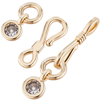 10Pcs Brass Pave Clear Cubic Zirconia Hook and S-Hook Clasps, with Jump Rings, Nickel Free, Real 18K Gold Plated, Hook: 13.5x4.5x1.5mm, Hole: 1.2mm, Inner Diameter: 2.5mm, Charms: 6.5x4x2mm, Hole: 1mm