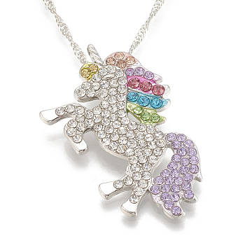 Alloy Pendant Necklaces, with Rhinestone and Iron Chains, Unicorn, Platinum, Colorful, 15-3/4 inch(40cm)