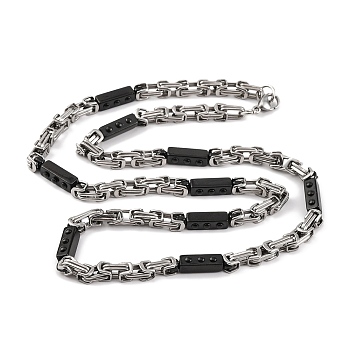 201 Stainless Steel Rectangle Byzantine Chain Necklace, with 304 Stainless Steel Clasps, Stainless Steel Color, Black, 23.82 inch(60.5cm), Link: 24.5x5.5x6.5mm