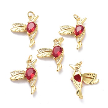 Brass Micro Pave Dark Red Cubic Zirconia Pendants, with Jump Ring, Long-Lasting Plated, Bird, Real 18K Gold Plated, 23.5x18x5mm, Jump Rings: 5x1mm, 3mm Inner Diameter