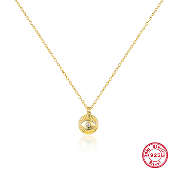 925 Sterling Silver Evil Eye Pendant Necklaces, with Clear Cubic Zirconia, Real 18K Gold Plated, 15.35 inch(39cm)