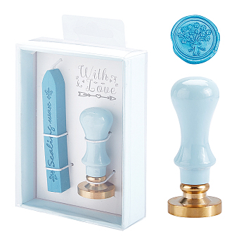 Plastic Paper Box DIY Scrapbook, Brass Wax Seal Stamp, Wood Handle and Candle, Light Sky Blue, 12.5x8.5x3.5cm