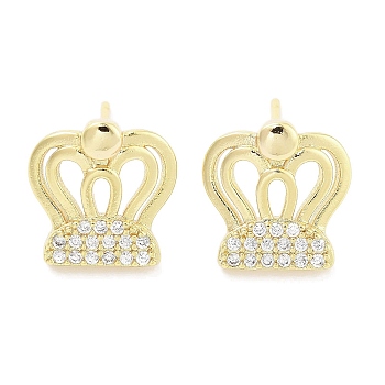 Brass Micro Pave Clear Cubic Zirconia Studs Earring, Crown, Real 18K Gold Plated, 11.5x11mm