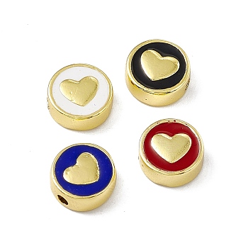 Brass Enamel Beads, Long-Lasting Plated, Cadmium Free & Lead Free, Real 18K Gold Plated, Flat Round with Heart, Mixed Color, 11x4.5mm, Hole: 1.8mm