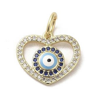 Brass Micro Pave Cubic Zirconia Pendants, with Enamel, with Jump Ring, Real 18K Gold Plated, Heart with Evil Eye, Midnight Blue, 15x16.5x3mm, Hole: 4.8mm