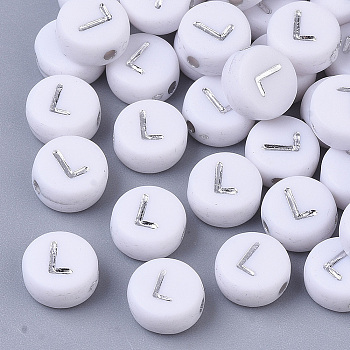 Plating Acrylic Beads, Silver Metal Enlaced, Horizontal Hole, Flat Round with Letter, White, Letter.L, 7x4mm, Hole: 1.2mm