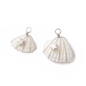 Spiral Shell Pendants, Shell Charms with Star, with Platinum Tone Brass Loops, White, 20~25x20~26x9~11mm, Hole: 3.5mm