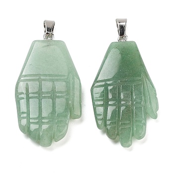 Natural Green Aventurine Carved Pendants, Hand Charms with Platinum Platinum Tone Metal Snap on Bails, 44x23x5mm, Hole: 7x4mm