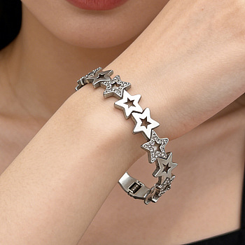 Hollow Star 304 Stainless Steel Bangles for Women, Rhinestone Hinged Bangles, Stainless Steel Color, Star, Inner Diameter: 1.91x2.36 inch(4.85x6cm)