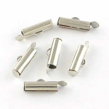 Iron Slide On End Clasp Tubes, Slider End Caps, Cadmium Free & Lead Free, Platinum, 5.5x25x4mm, Hole: 1mm, 3.2mm Inner Diameter