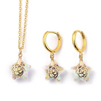 Electroplate Star Glass Jewelry Sets, Brass Cable Chains Pendant Necklaces & Hoop Earrings, with Brass Ice Pick Pinch Bails and Huggie Hoop Earring Findings, Clear AB, 18.31 inch(46.5cm), 31.5mm, Pin: 1mm