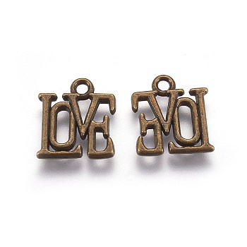 Tibetan Style Alloy Charms, Cadmium Free & Nickel Free & Lead Free, Valentine's Day, LOVE, Antique Bronze, 15x13x2mm, Hole: 2mm