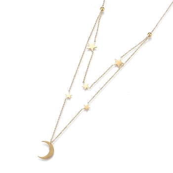 304 Stainless Steel Double Layer Necklaces, with Cable Chains and Round Beads, Star with Moon, Golden, 17.8 inch(45.2cm)
