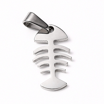 304 Stainless Steel Pendants, Fishbone Shape, Stainless Steel Color, 22x12x1.5mm, Hole: 8x3mm