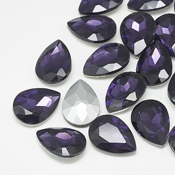 Pointed Back Glass Rhinestone Cabochons, Back Plated, Faceted, teardrop, Tanzanite, 14x10x4.5mm