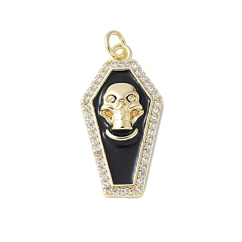 Brass Micro Pave Cubic Zirconia Pendants, with Enamel, Coffin Charms, Rack Plating, Long-Lasting Plated, Cadmium Free & Lead Free, with Jump Ring, Skull, 26.5x13.5x3.5mm, Hole: 3.5mm