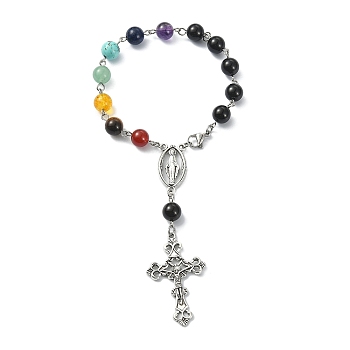 Natural Black Onyx & Mixed Gemstone Rosary Bead Bracelet, Alloy Cross & Virgin Mary Charm Bracelet for Women, 7-1/4 inch(18.5cm)