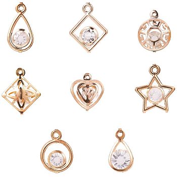 Glass Rhinestone Pendants, with Iron Findings, Heart & Ring & Drop & Star & Flat Round & Rhombus, Golden, Containers: 7.4x7.2x1.7cm, 80pcs/box