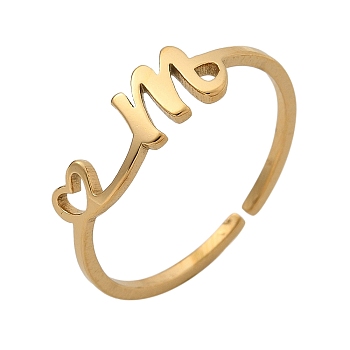 304 Stainless Steel Cuff Rings for Women, Heart with LetterA~Z, Real 18K Gold Plated, Letter M, 5.5mm, inner diameter: adjustable.