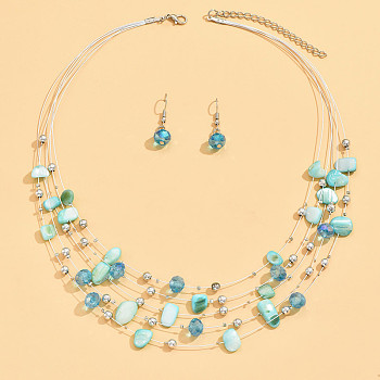 Bohemian Style Alloy & Shell Nuggets Beaded Multilayer Necklaces & Dangle Earrings Sets, Cyan, 440mm