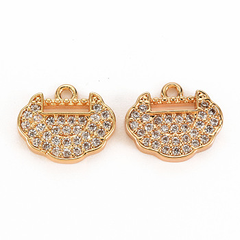 Brass Micro Pave Clear Cubic Zirconia Charms, Nickel Free, Lock, Real 18K Gold Plated, 10.5x12.5x2mm, Hole: 1.2mm
