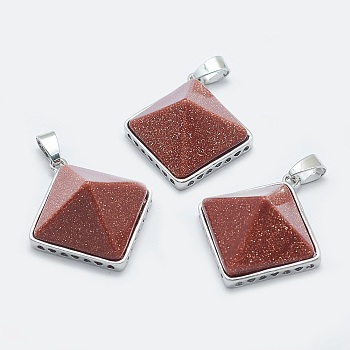 Synthetic Goldstone Pendants, with Brass Findings, Pyramid, Platinum, 32x28.5x14mm, Hole: 6x3mm