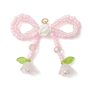 Glass Seed Beaded Bowknot & Flower Pendants, with 304 Stainless Steel, Real 18K Gold Plated, Pink, 37.5x49x8mm, Jump Ring: 5x0.8mm, Inner Diameter: 3.5mm