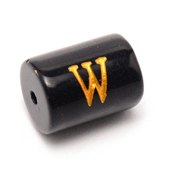 Painted Glass Beads, Black Column with Gold Letter, Letter.W, 13.7x10mm, Hole: 1.5mm