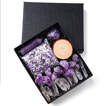 Natural Quartz Crystal & Amethyst Bullet & Heart & Nugget & Chips Gift Box, Display Decorations, Pocket Worry Stone, Reiki Energy Stone Ornament, with Wood Slice, Package Size: 135x110x30mm