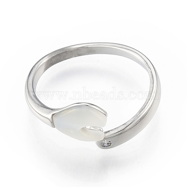 Anillo de puño abierto de corazón de concha natural con circonita cúbica transparente(RJEW-N039-09P)-2