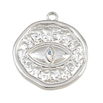 304 Stainless Steel with Crystal Rhinestone Pendants, Hammered Flat Round with Evil Eye Charms, Stainless Steel Color, 32x28.5x3mm, Hole: 2.5mm(SA-CBABA5E-10P)
