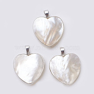 Shell Pendants, with Brass Finding, Heart, Platinum, 33~33.5x31x6~9mm, Hole: 4x7mm(X-G-E494-B01-P)