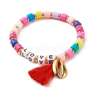 Word Love Beads Stretch Bracelet for Girl Women, Cowrie Shell Shape & Tassel Charm Bracelet, Golden, Colorful, Inner Diameter: 2-1/8 inch(5.5cm)(BJEW-JB07208-01)