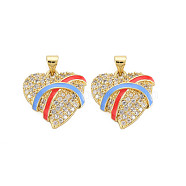 Brass Micro Pave Clear Cubic Zirconia Pendants, with Enamel and Brass Snap on Bails, Golden, Heart, Deep Sky Blue, 19x19x5mm, Hole: 3x4.5mm(KK-N242-001)