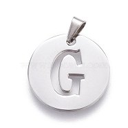 201 Stainless Steel Pendants, Flat Round with Letter, Stainless Steel Color, Letter.G, 24.5x19.7x1.3mm, Hole: 4x3mm(STAS-L221-33G)