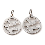 304 Stainless Steel Charms, Laser Cut, with Jump Ring, Stainless Steel Color, Hollow, Flat Round Charm, Bird, 13.5x12x1mm, Hole: 3.6mm(STAS-D050-07P-09)