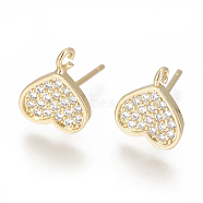 Brass Stud Earring Findings, with Cubic Zirconia and Loop, Heart, Clear, Golden, 10x9mm, Hole: 1.2mm, Pin: 0.8mm(ZIRC-O034-20G)