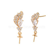 Feather Shape Brass Micro Pave Clear Cubic Zirconia Earring Findings, for Half Drilled Beads, Nickel Free, Real 18K Gold Plated, 21x6mm, Pin: 0.7mm, Pin: 0.7mm(for half drilled beads)(KK-S356-435-NF)