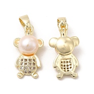 Brass Micro Pave Cubic Zirconia Pendants, with Pearl, Bear Charm, Real 14K Gold Plated, 17x9x5mm, Hole: 5x2.5mm(KK-I697-39G)