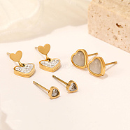 Shell Heart Stud Earrings Sets, 304 Stainless Steel Jewelry with Rhinestone for Women, Golden, 4.3~12.2x4.3~8.3mm, 3 pairs/set(AN4728-3)
